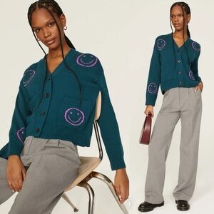 Rails Wool‎ Cotton Teal Reese Button Up Cardigan Pink Smiley Faces M